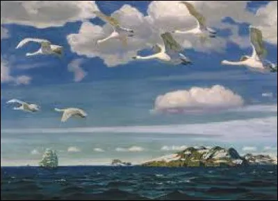 Lequel de ces trois artistes réalistes russes a réalisé cette toile intitulée ''Dans l'azur bleu'', où l'on peut admirer le vol de cygnes survolant la mer ?