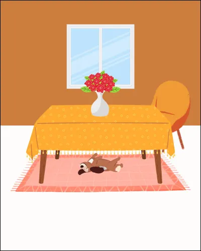 La plante est _______ la table et le chien est _______ la table.