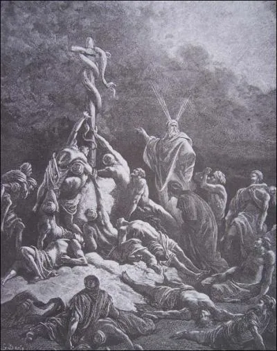 Le peuple continuait sa route toujours en murmurant, alors il fut frapp par des serpents brlants et beaucoup moururent. Que devaient faire les vivants pour avoir la vie sauve aprs avoir t mordu ?
