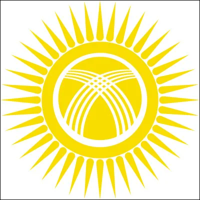 (Précision : sur le véritable drapeau, le blanc de la photo est remplacé par un fond rouge)
Cet anneau rouge, coupé par deux séries de quatre lignes et au centre d'un soleil, serait une représentation stylisée du "tündük", une pièce sommitale de la charpente d'une yourte traditionnelle du...