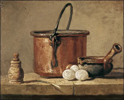 Quel peintre fran&ccedil;ais essentiellement du 17e si&egrave;cle est l�auteur de ce tableau intitul&eacute; ''Nature morte avec une casserole, pot de poivre et trois �ufs'' ?