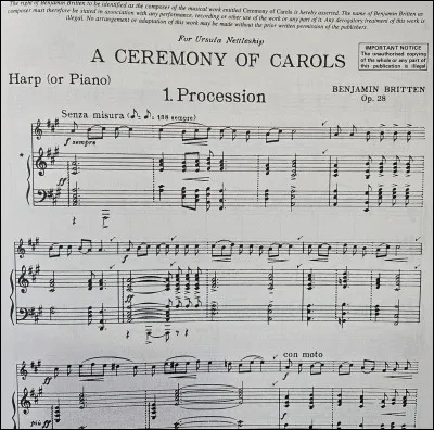 Pour quel instrument Benjamin Britten a-t-il réalisé la composition de "A Ceremony of Carols" en 1942 ?