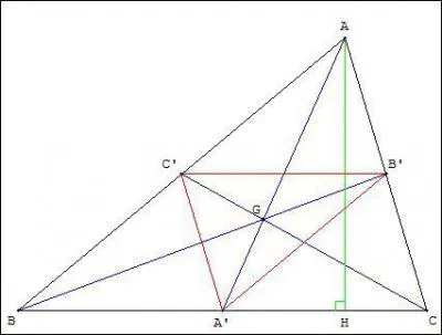 G est le centre de gravit, A', B', C' sont les milieux des cots du triangle ABC. Que peut-on dire du triangle A'B'C' par rapport  ABC ?