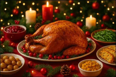 Pendant ce temps, les familles profitent du r&eacute;veillon. Tout le monde __ de d&eacute;licieux plats de f&ecirc;tes !