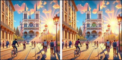 Il manque une fl&egrave;che, le lampadaire de droite est diff&eacute;rent, les rosaces ne sont pas de la m&ecirc;me couleur, il y a un v&eacute;hicule sur la file de gauche, un cycliste a un sweat de couleurs diff&eacute;rentes, il manque un lampadaire au balcon &agrave; gauche.