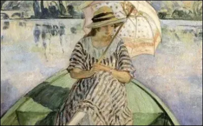 Quel peintre nous a laiss&eacute; cette jolie ''femme &agrave; l'ombrelle dans une barque'' ?