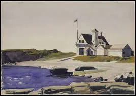 Aquarelle sur fusain sur papier, ''Station de la Garde c&ocirc;ti&egrave;re, Two Lights, Maine'' est l'�uvre du r&eacute;aliste am&eacute;ricain...