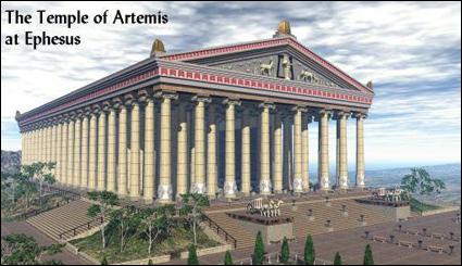 La quatrième Merveille du monde : Le temple d'Artémis qui lui est dédié, bâti vers 560 av. J. -C. par Théodore de Samos, avec des dimensions colossales : 137, 74 m de longueur et 71, 74 m de largeur...
