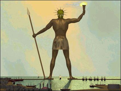 La sixième Merveille du monde : le colosse de Rhodes, statue érigée pour le dieu du soleil, Hélios, construit vers 492 av J. C, aux portes du port de l'île de Rhodes :