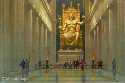 La troisime Merveille du monde : La statue de Zeus olympien datant du Vme s. av. J. C, ralise  la demande de Pericls, par Phidias, dans le temple du Parthnon  :