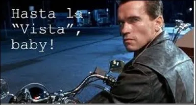 Dans ''Terminator 2'' , Arnold Schwarzenegger prononce le célèbre : ''Hasta la vista baby ! '' qui veut dire...