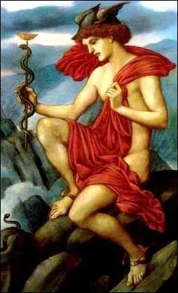 Quel dieu grec est peint ici par un prraphalite, avec son attribut le caduce ?