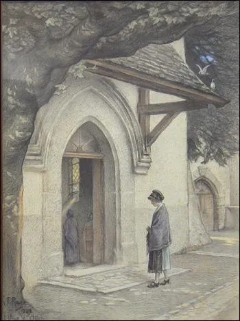 Ici le peintre a dessin Ollon, le village o il a termin sa vie. Dans quel btiment entre la villageoise ? (CLIQUEZ sur l'image)