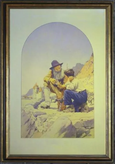 Dans 'La leon de taille', un vieil homme enseigne  un enfant  tailler les vignes. Que voit-on  l'arrire-plan de l'aquarelle ? (CLIQUEZ sur l'image)