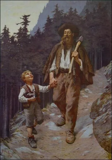 Ici Frdric Rouge peint 'le retour du bcheron'. Que tient l'enfant contre sa poitrine ? (CLIQUEZ sur l'image)