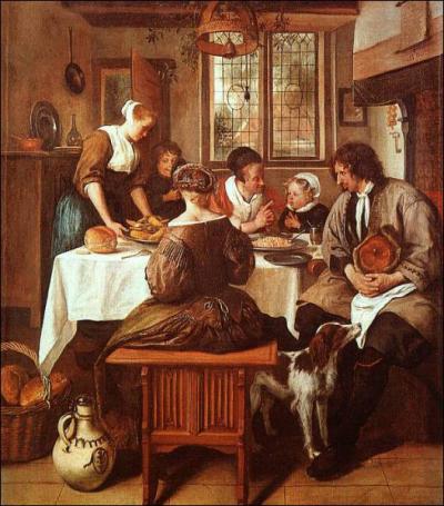 Le Hollandais Jan Steen (1625-1679) s'est spcialis dans les scnes du quotidien. Que font les personnages dans ce tableau familial ? (CLIQUEZ sur l'image pour l'AGRANDIR)