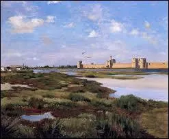 Ce peintre n  Montpellier a cr ce tableau intitul 'Les remparts d'Aigues- Mortes :