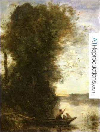 Qui a peint 'Le batelier quittant la rive avec une femme et un enfant assis dans sa barque au soleil couchant' ?