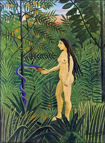 Ce tableau de style naif ' Eve reoit la pomme ' est de quel peintre ?