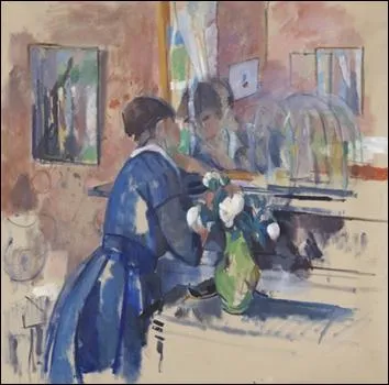 Qui a peint 'La dame en bleu devant la glace' ?