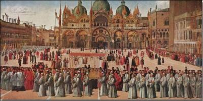 N  Venise (1428-1507), il fut peintre officiel des Doges qui l'envoyrent en reprsentation officielle  Constantinople et en Egypte. Il a peint cette 'Procession sur la place Saint-Marc'.