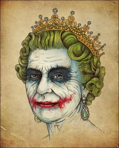 Encore un portrait plus que surprenant, la Reine sous le maquillage du Super-vilain Le Joker, celui de l'artiste ?