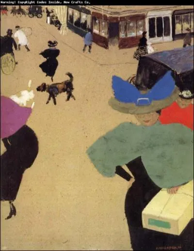 Cette Femme dans la rue, lgante au chapeau  gros noeud bleu, est l'oeuvre de ?