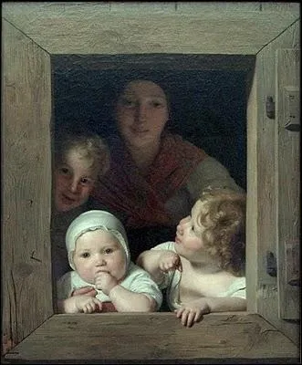 'Une paysanne et trois enfants  la fentre'