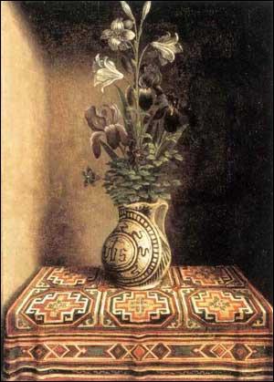 Cette 'Nature morte au broc et fleurs sur un tapis' (1490) fut peinte au dos du 'Portrait d'homme en oraison' ralis par le Matre de Bruges.