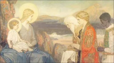 En 1915, ce peintre cossais proche des prraphalites, souvent catalogu 'Art Nouveau' ou 'symboliste' a peint cette dernire 'adoration des mages'.