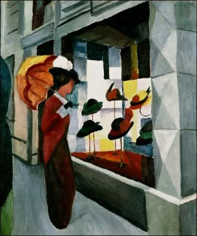 Qui a peint 'Femme avec ombrelle devant un magasin de chapeaux' ?