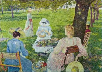 Quel peintre belge a ralis cette toile datant de 1890 ' Famille dans le jardin fruitier ' ?