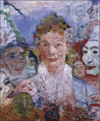 Quel peintre belge est l'auteur de la toile 'Vieille dame aux masques' ?