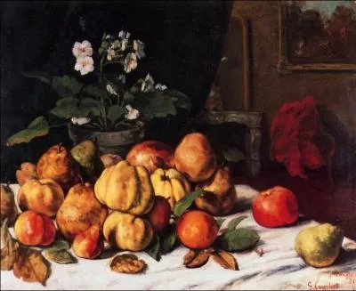 Nature morte - Pommes, poires et primevre sur une table