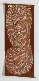 Ce 'Serpent arc-en-ciel  cornes' est une oeuvre aborigne peinte sur une corce. Il faut chercher la tte pour suivre le cheminement du serpent. Que reprsente t-il aux yeux des Aborignes ?