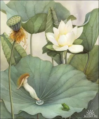 Une toute toute petite grenouille sur ce feuillage de lotus, peinte par ?