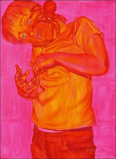 Regardez donc la charmante petite bte qui fait un calin  ce petit garon, dans ce tableau fluo, oeuvre de l'artiste ?