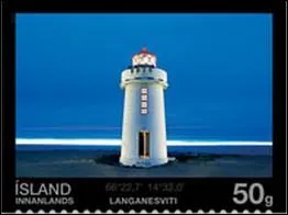 Quel est ce phare emblmatique islandais sparant le fjord de Suourfiroir et le fjord de Borgarfjorour, visible sur ce timbre d'Islande ?