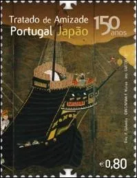 En quelle anne les 150 ans du trait d'amiti Portugal-Japon furent-ils clbrs comme le montre ce timbre du Portugal ?