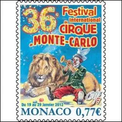 Comme le montre ce timbre de Monaco, en quel mois de 2012 se droule le 36me anniversaire du Festival International du Cirque de Monte-Carlo ?