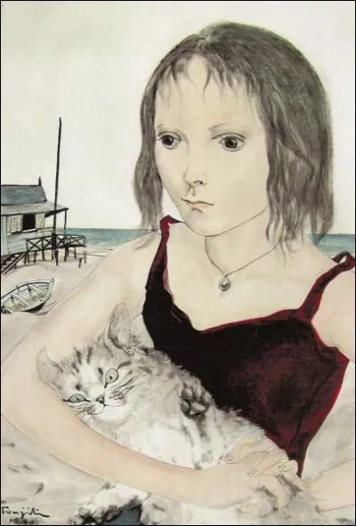 Jeune fille avec son chat  la plage