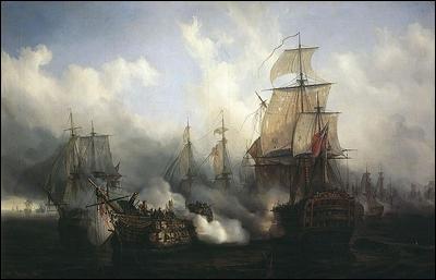 Ce tableau (Bataille de Trafalgar, Auguste Mayer, 1836) est une...