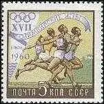 Dans quelle ville italienne se sont drouls les Jeux olympiques de 1960, comme le montre ce timbre de Russie  propos de l'preuve de course  pieds ?