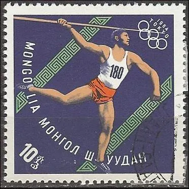 Dans quelle ville japonaise se sont drouls les Jeux olympiques de 1964, comme le montre ce timbre de Mongolie  propos de l'preuve de lancer de javelot ?