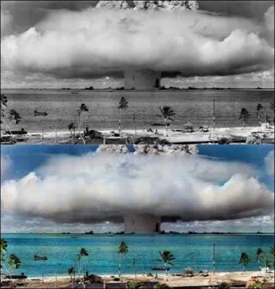 Essais nucléaires américains en 1946 : Opération Crossroads. Nom donné à l'explosion : Baker. À côté de quel atoll, portant le nom d'un maillot de bain, cet essai a-t-il été exécuté ?