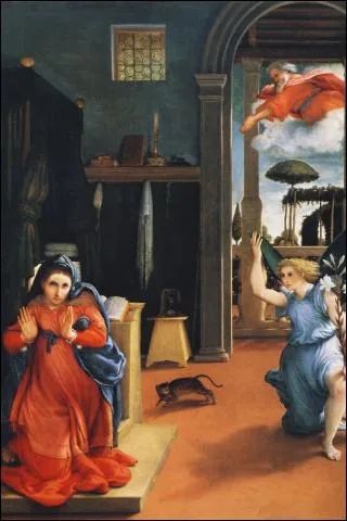 Cette Annonciation, trs inhabituelle dans sa composition, a t ralise en 1528 par un peintre vnitien (1480-1556) qui fut, jusqu'au XIXe sicle, eclips par Le Titien.