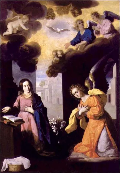 Annonciation trs sobre ralise par un peintre du sicle d'or espagnol contemporain et ami de Vlasquez. Sa peinture empreinte de mysticisme est emblmatique de la Contre-Rforme.