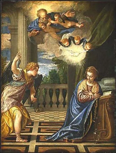 Annonciation ralise par un peintre maniriste vnitien (n  Vrone) de la Renaissance tardive (1528-1588) .