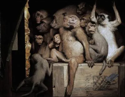  Singes en critiques d'art  par un peintre autrichien (1840-1915), darwiniste convaincu qui levait des singes pour lui servir de modles.