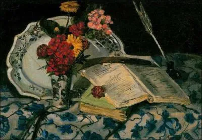 Nature morte, fleurs, faence et livre - par l'un des premiers participants du groupe impressionniste, avec une tendance fauve dans ses dernires oeuvres (1841-1927)